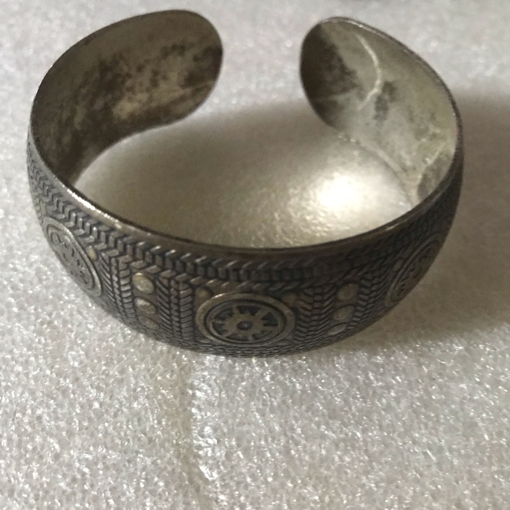 Etched Silver-Tone Cuff Bracelet with Geometric Medallions Asian cuff